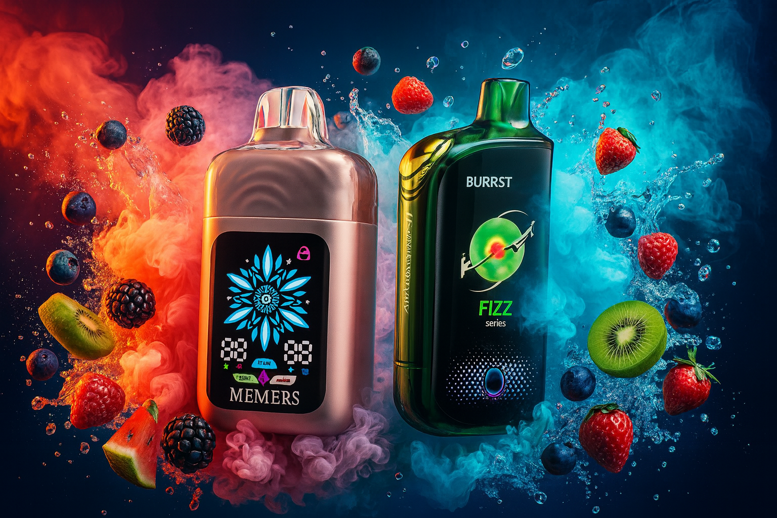 This vibrant digital illustration features two sleek electronic vaping devices, labeled 