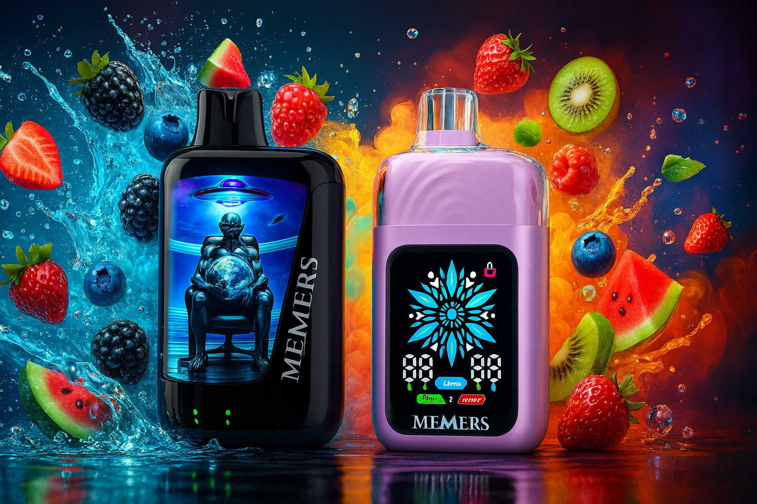 This vibrant digital illustration features two MEMERS brand vaporizers set against a dynamic backdrop of splashing water and colorful fruit including strawberries, blueberries, and kiwi. The black device on the left displays an intricate alien-themed holographic image, while the purple device on the right features a glowing digital screen with a blue floral pattern and battery indicators.